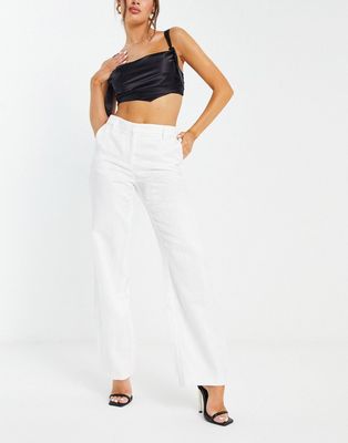 NA-KD x Moa Mattson tailored pants in textured shine - part of a set-White