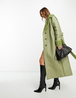 NA-KD x Moa Mattsson belted trench coat with faux fur in sage-Green