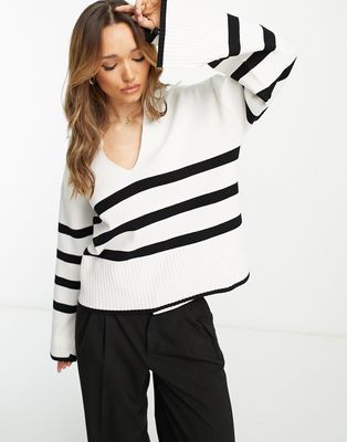 NA-KD x Moa Mattsson collar detail sweater in cream and black stripe-White