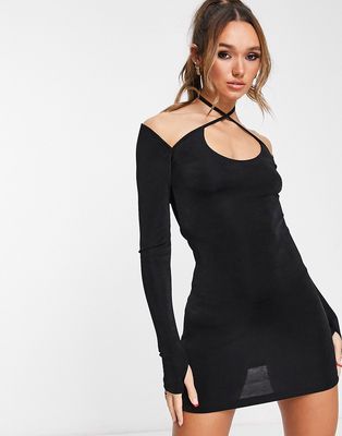 NA-KD x Moa Mattsson fitted long sleeve mini dress with cut out halterneck in black