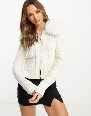 NA-KD x Moa Mattsson knit cardigan with faux fur in cream-White