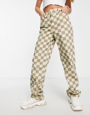 NA-KD X Olivia LVS checkerboard straight leg jeans in beige-Neutral