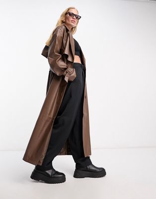 NA-KD x Stephsa faux leather trench coat in brown