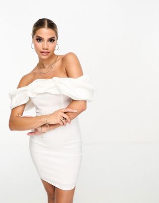 NaaNaa bardot mini dress with oversized frill detail in white