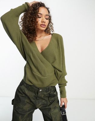 NaaNaa crossover batwing sleeve sweater in khaki-Green