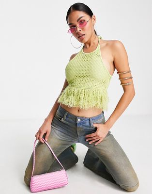 NaaNaa fishnet crop top with faux feather trim in lime green