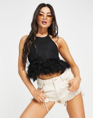 NaaNaa fishnet top with faux feather trim in black