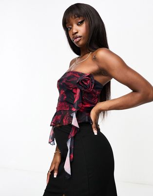 NaaNaa mesh bandeau top with ruffle detail in black rose print - part of a set