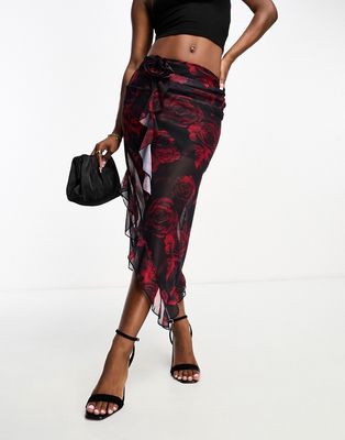 NaaNaa mesh maxi skirt with ruffle detail in black rose print - part of a set