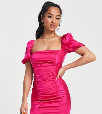 NaaNaa Petite square neck satin mini dress in fuchsia-Pink