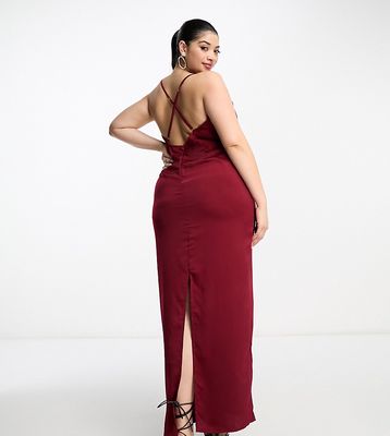 NaaNaa Plus cowl neck satin maxi prom dress in burgundy-Red