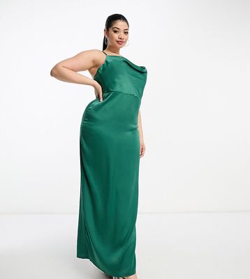 NaaNaa Plus cowl neck satin maxi prom dress in emerald green