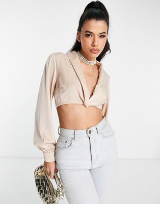 NaaNaa satin plunge neck cropped blouse in champagne-Gold