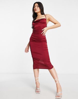 NaaNaa satin slip midi dress with cowl front in burgundy-Red