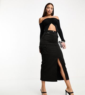 NaaNaa Tall satin midi skirt with cargo pockets in black