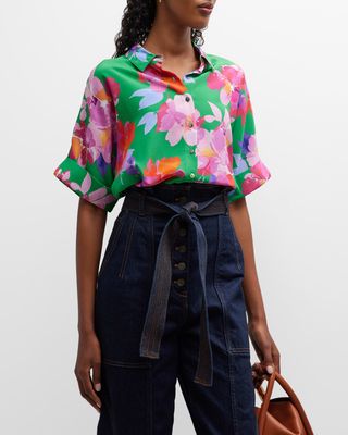 Nadine Floral Print Silk Button-Front Shirt
