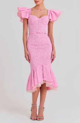 NADINE MERABI Belted Ruffle Lace Midi Dress in Light/pastel Pink