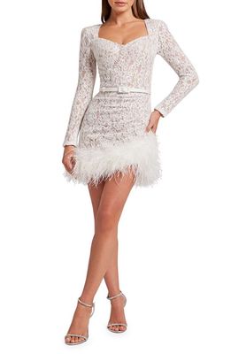 NADINE MERABI Carly Sequin Lace Feather Trim Long Sleeve Minidress in White