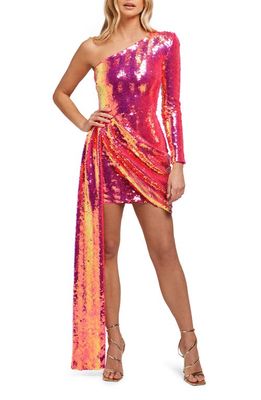 NADINE MERABI Celina Sequin Drape One-Shoulder Minidress in Hot Pink