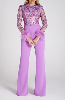 NADINE MERABI Michaela Ostrich & Turkey Feather Belted Long Sleeve Jumpsuit in Medium Purple