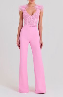 NADINE MERABI Ostrich Feather Lace Bodice Belted Jumpsuit in Light/pastel Pink