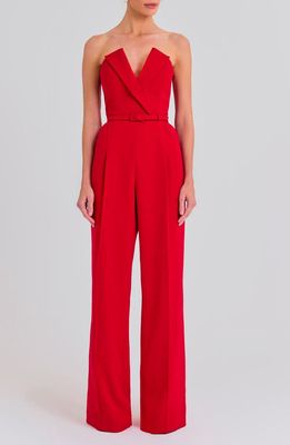 NADINE MERABI Tuxedo Belted Strapless Wide Leg Jumpsuit in Red