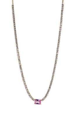 Nadri Emerald Cut Tennis Necklace in Gold With Pink