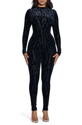 Naked Wardrobe Black Tiger Print Long Sleeve Velvet Catsuit