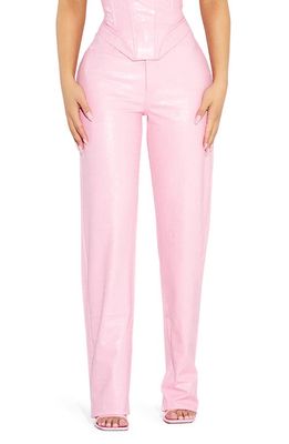 Naked Wardrobe Croc Embossed Faux Leather Straight Leg Pants in Baby Pink