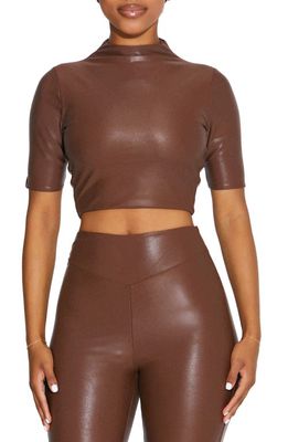 Naked Wardrobe Dripped Mock Neck Faux Leather Crop Top in Brown