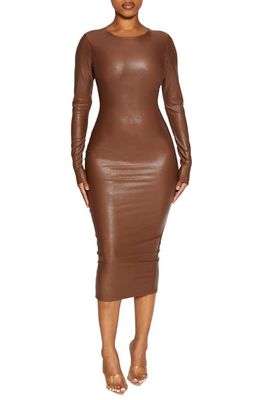 Naked Wardrobe Drippin' Hard Back Slit Long Sleeve Body-Con Midi Dress in Brown