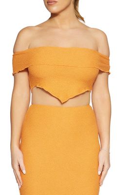 Naked Wardrobe Elastic Lace Off the Shoulder V-Hem Crop Top in Orange