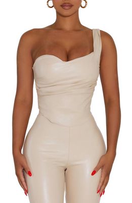 Naked Wardrobe Faux-Ever Leather One-Shoulder Corset Top in Light Beige