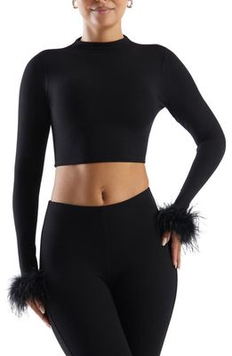 Naked Wardrobe Fly as a Feather Long Sleeve Crop Top in Black