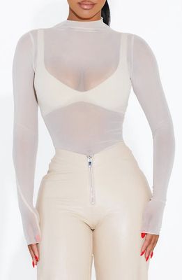 Naked Wardrobe Funnel Neck Long Sleeve Sheer Mesh Top in Cream