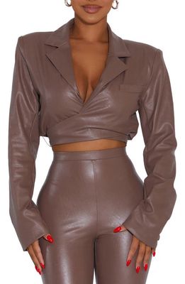 Naked Wardrobe Good Crop Wrap Faux Leather Blazer in Taupe