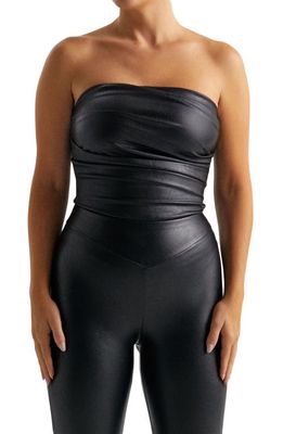 Naked Wardrobe Pleated Strapless Faux Leather Bodysuit in Black