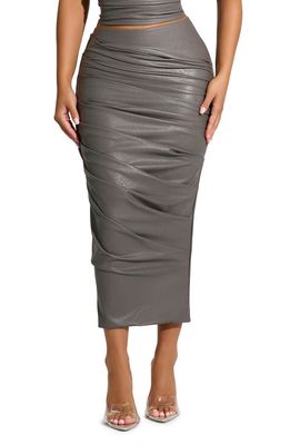 Naked Wardrobe Ruched Faux Leather Midi Skirt in Dark Grey