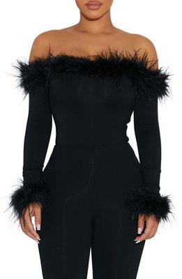 Naked Wardrobe Ruffle My Feathers Off the Shoulder Bodysuit in Black