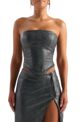 Naked Wardrobe Snakeskin Embossed Lace-Up Strapless Faux Leather Corset Top in Dark Grey