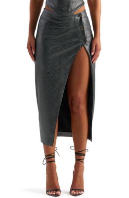 Naked Wardrobe Snakeskin Print Front Slit High Waist Faux Leather Midi Skirt in Dark Grey
