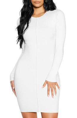 Naked Wardrobe Snatched Vibes Long Sleeve Rib Knit Minidress in White