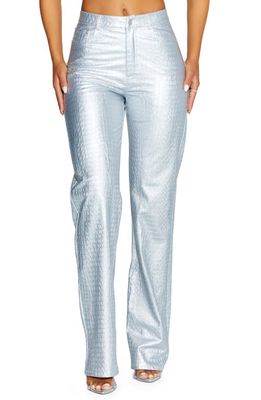 Naked Wardrobe Straight Croc Faux Leather Straight Leg Pants in Silver