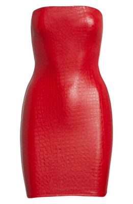 Naked Wardrobe The Croc Embossed Strapless Faux Leather Minidress in Red