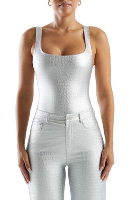 Naked Wardrobe The Crocodile Collection Croc Embossed Faux Leather Tank Bodysuit in Silver