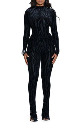 Naked Wardrobe Tiger Print Long Sleeve Velvet Bodysuit in Black Tiger Print