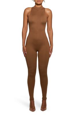 Naked Wardrobe x BARE High Neck Front Half Zip Jumpsuit in Brown Sugar