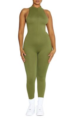 Naked Wardrobe x BARE High Neck Front Half Zip Jumpsuit in Olive Green