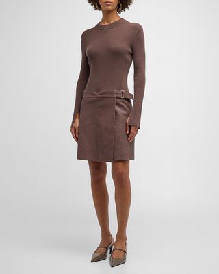 Nancy Long-Sleeve Mixed-Media Mini Dress