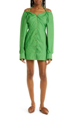 Nanushka Alyssa Halter Strap Long Sleeve Cotton Shirtdress in Green